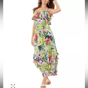 Tommy Bahama Tropolicious Green Pink Asymmetrical Ruffled Maxi Sundress Size XL